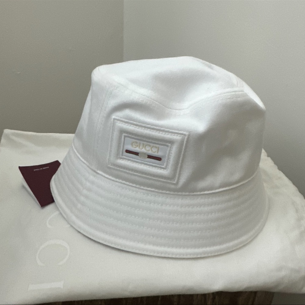 Gucci White Logo Cotton Canvas Bucket Hat Unisex Medium - Picture 2 of 6